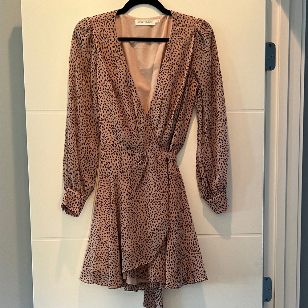 Elegant Tan and Black Long Sleeve Wrap Dress